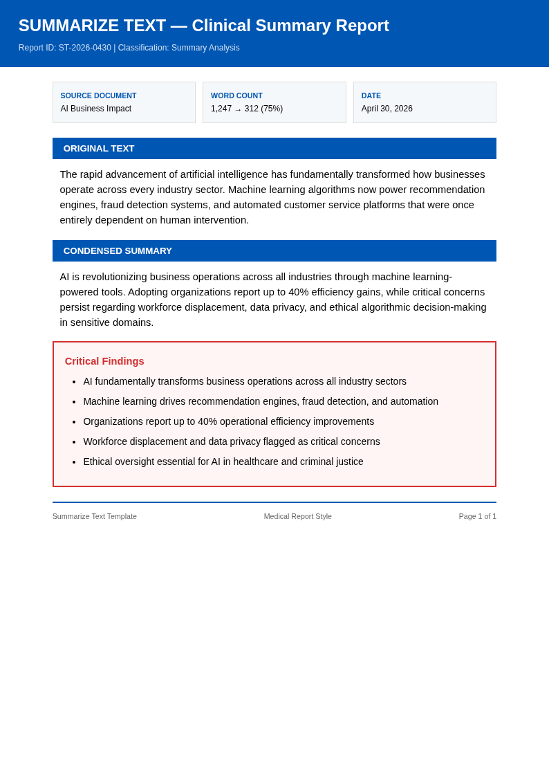 Medical report summarize text